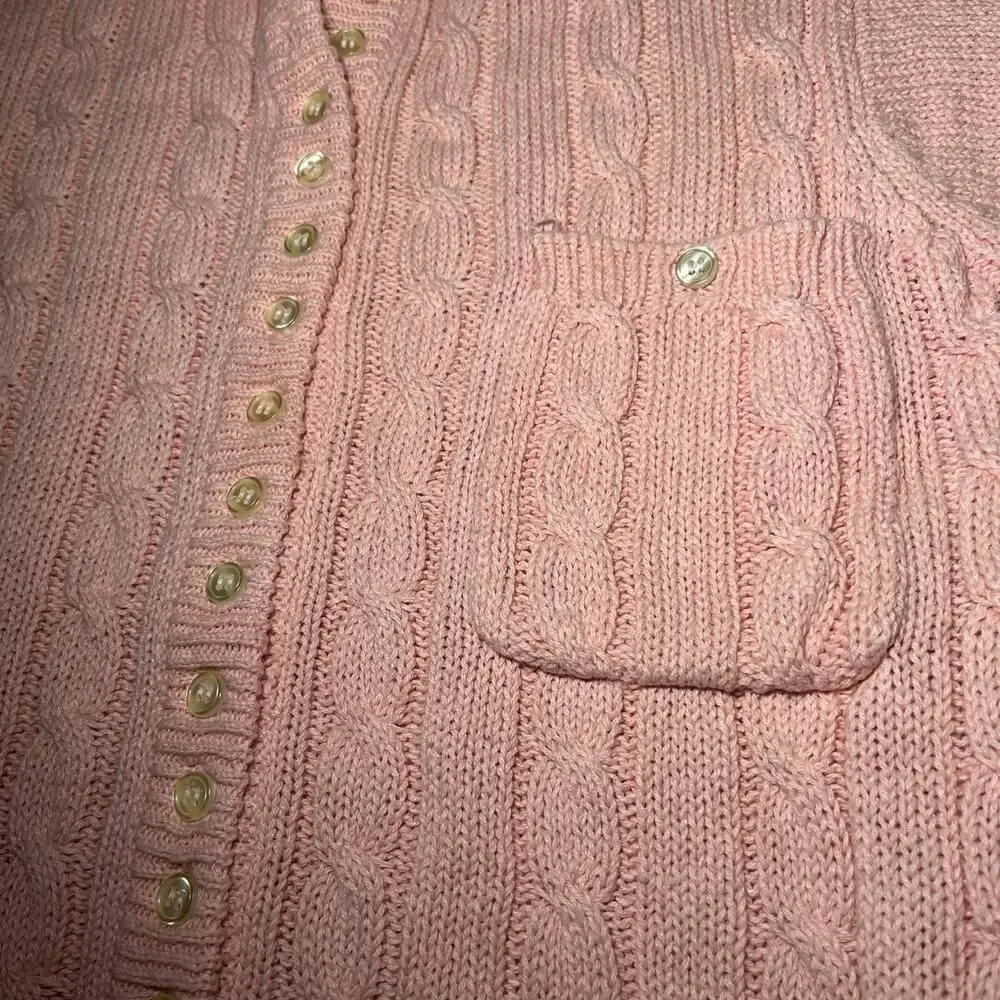 Tian Collection Pink Short Sleeve Cable Knit Cardigan Sweater Sz S Vtg Chunky